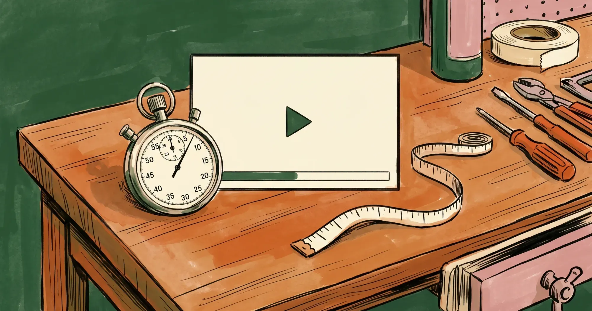 Editorial illustration of a vintage stopwatch beside a video player with a partial load bar on a wooden desk, with a folded tape measure