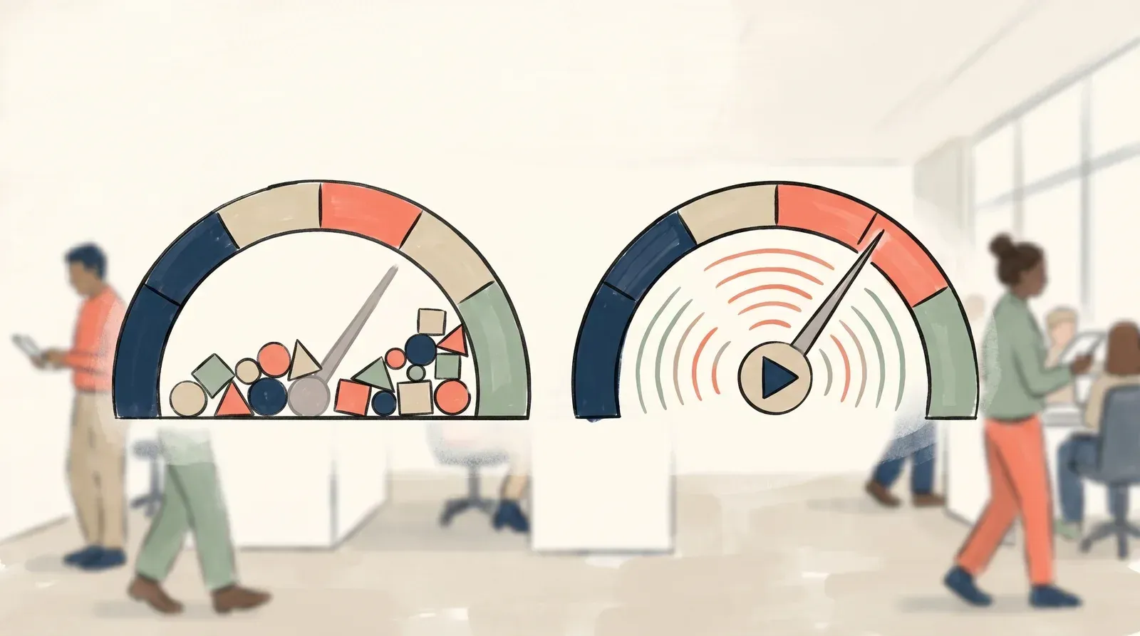 Two meter gauges side by side contrasting storage accumulation on the left with streaming bandwidth spikes on the right