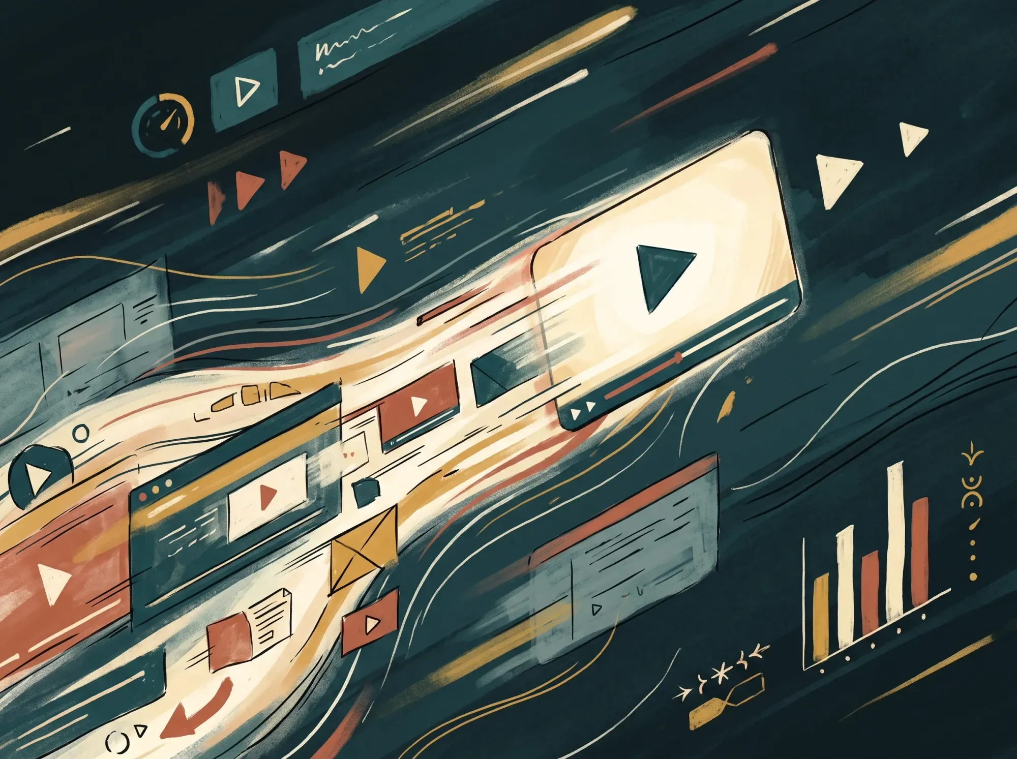 An abstract painterly scene of a glowing video play button streaming forward with light trails, suggesting fast delivery