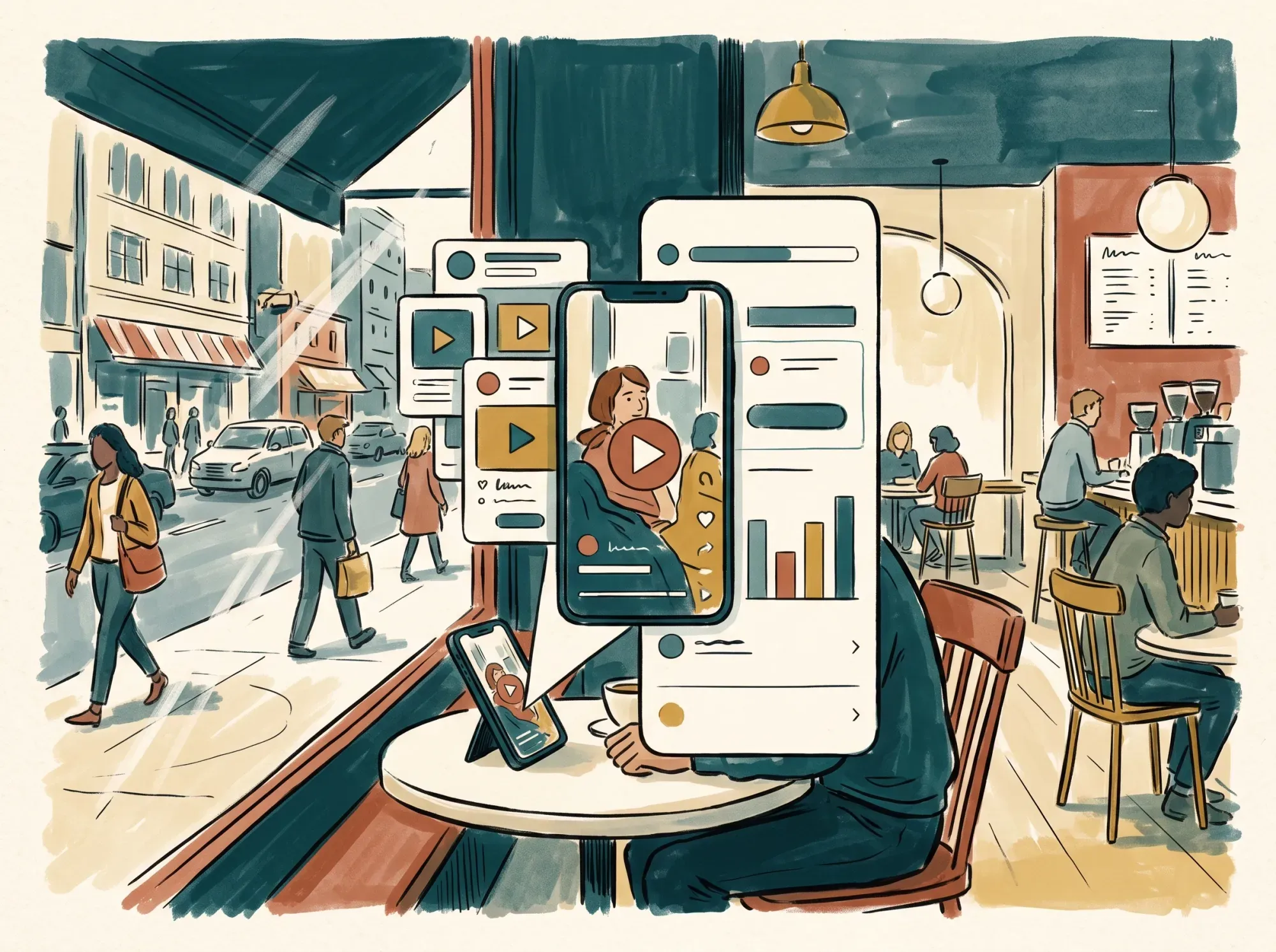 A smartphone on a cafe table playing a vertical short-form video, a city street visible through the window
