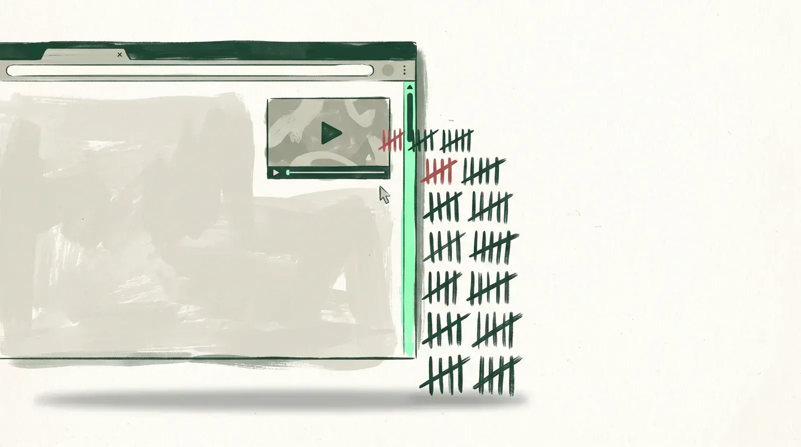 Illustration of a muted video playing in the corner of a web page while identical tally marks pile up beside it