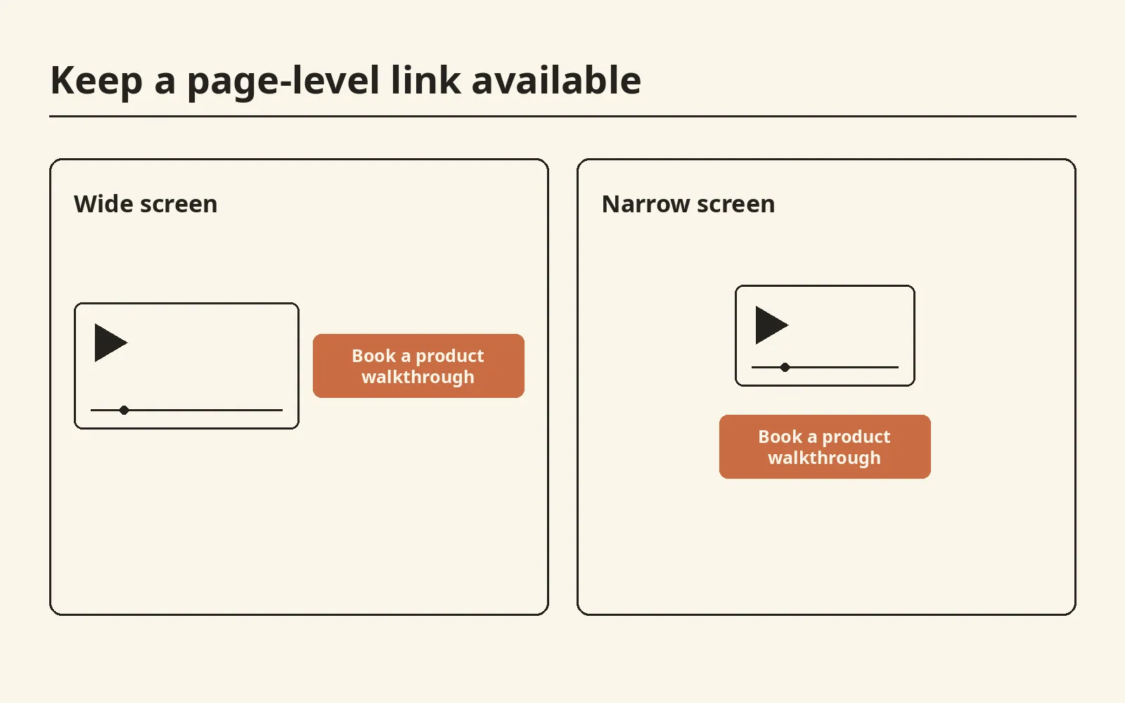 Desktop and mobile layouts place a Book a product walkthrough link beside the player on wide screens and below it on narrow screens