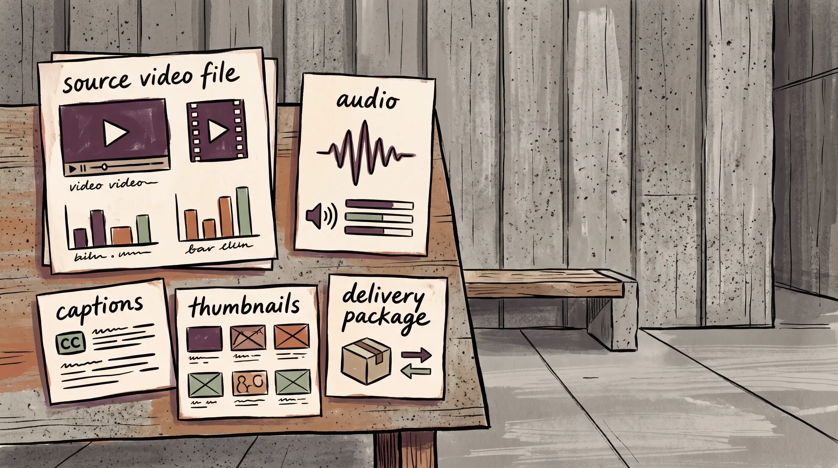 Source video card beside audio, captions, thumbnails, and a delivery package card on a planning table