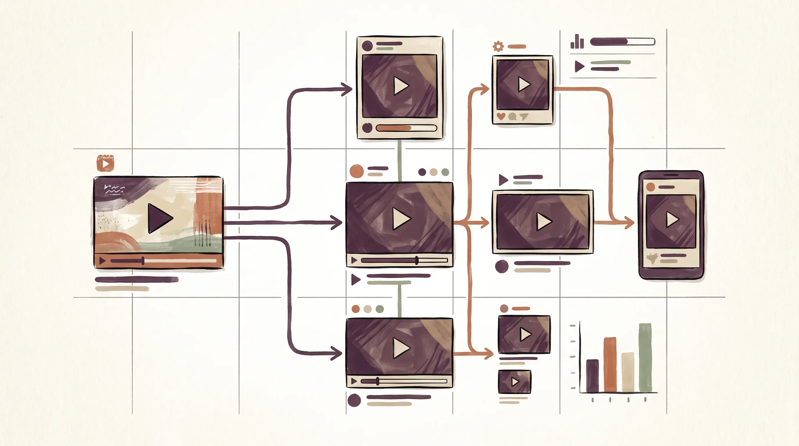 Source video card branching into playback renditions on a planning board