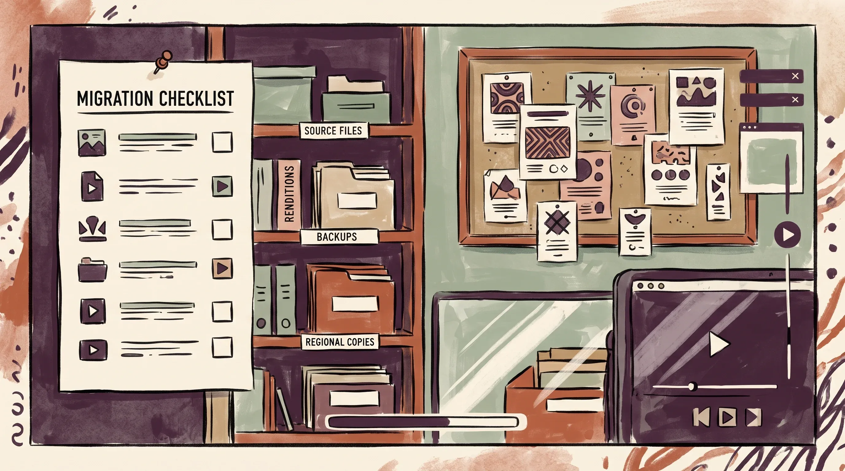 Migration checklist beside storage shelves for source files, renditions, backups, and regional copies
