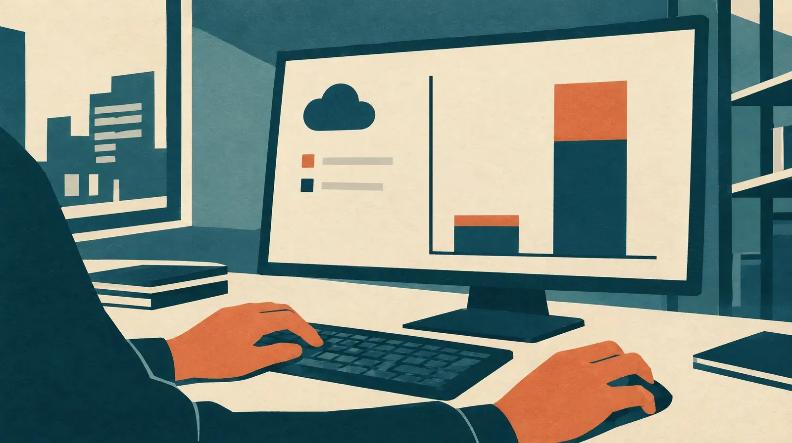 Hands on a keyboard below a monitor showing a cloud storage dashboard with a short storage bar and a tall transfer bar