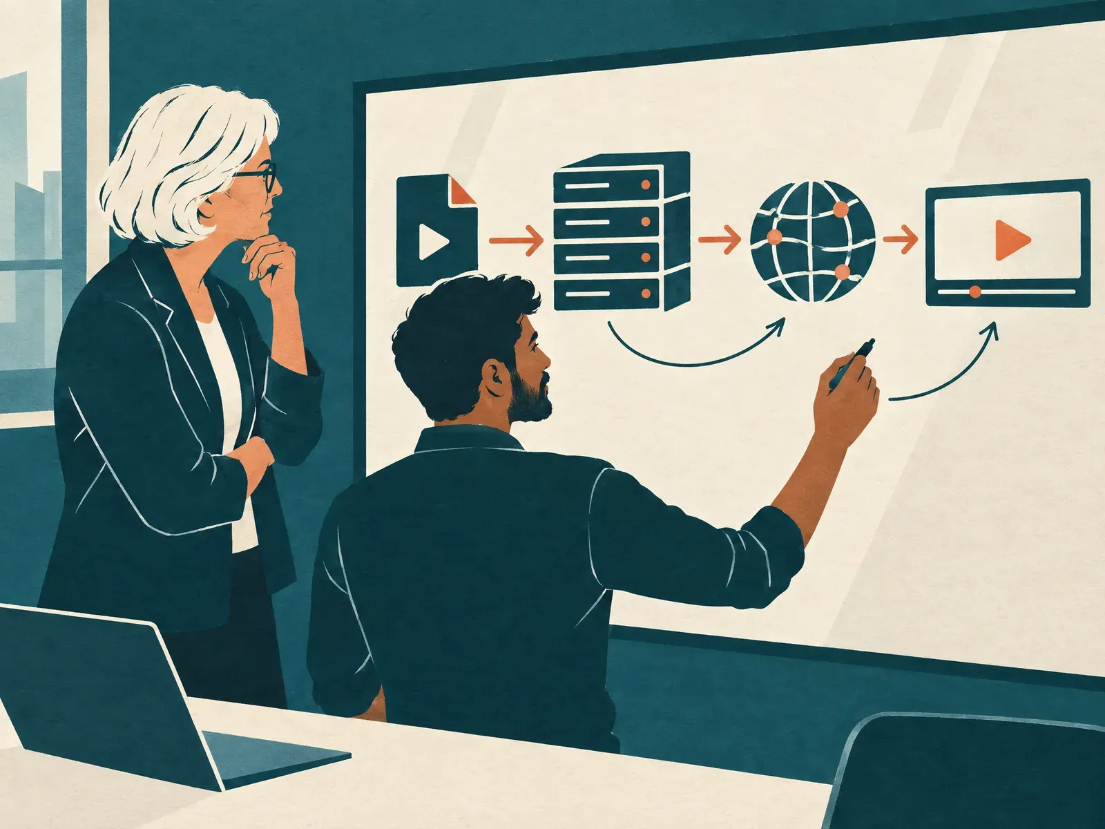 Two colleagues at a whiteboard tracing arrows from a video file through a server rack and a CDN globe to a player