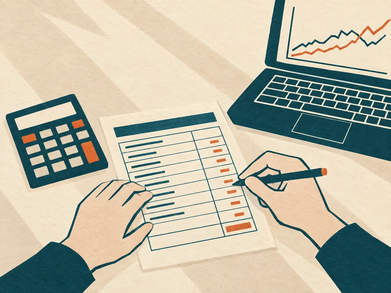 Hands filling in a printed cost worksheet beside a calculator and a laptop showing a traffic line graph