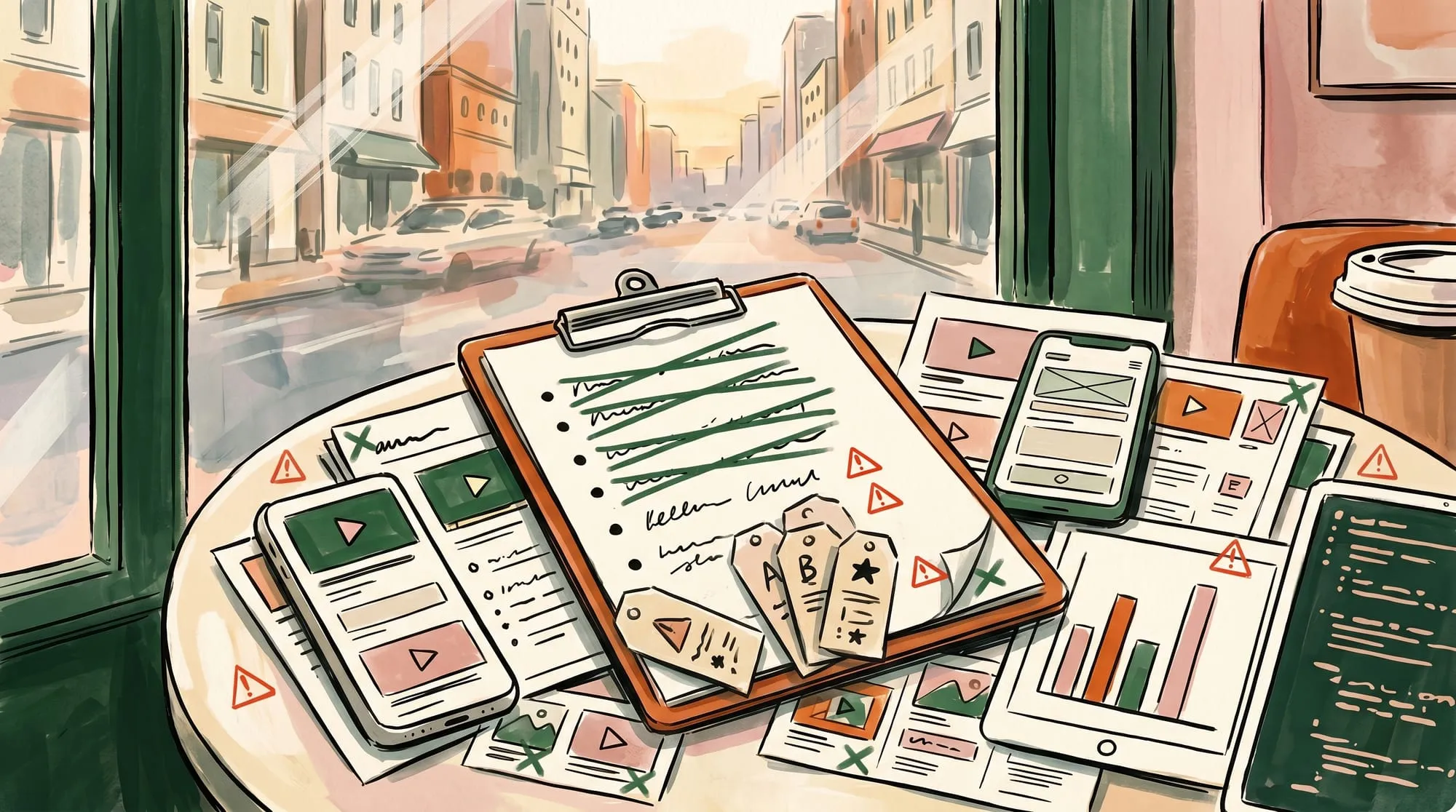 Validation checklist clipboard with green checkmarks and red warning triangles representing common video schema markup mistakes