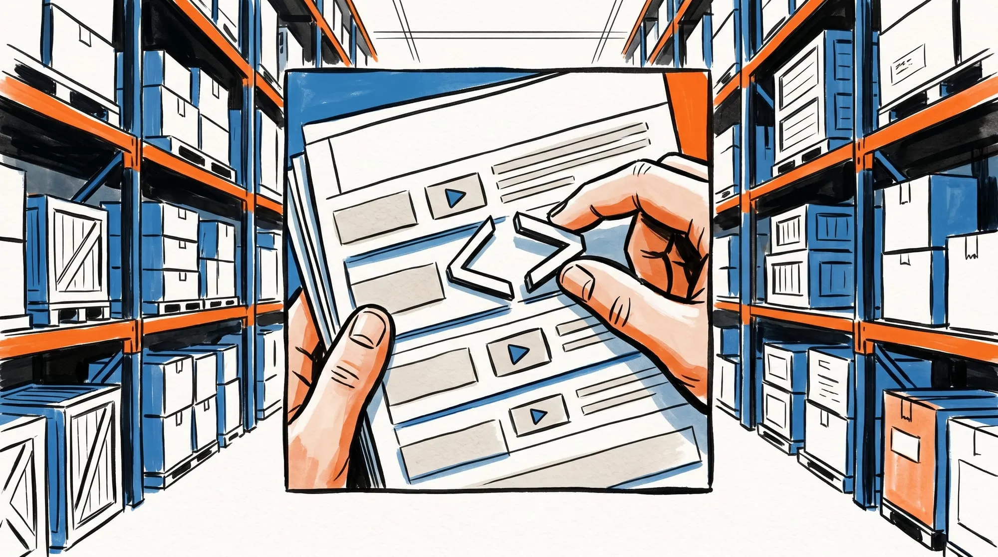 Illustrated hand placing the final XML bracket onto a structured document with video play-button icons slotting into rows
