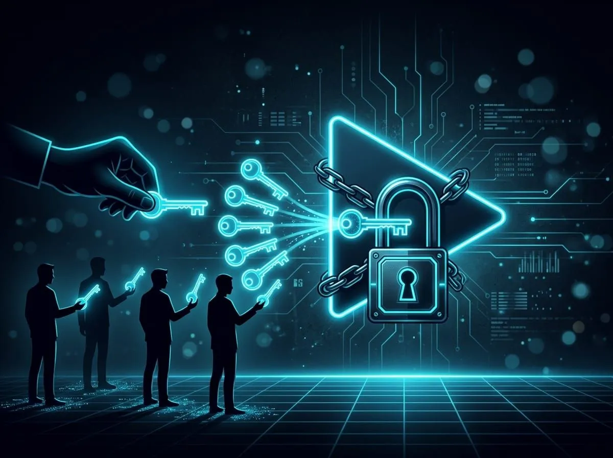 A visual metaphor showing a padlock on a video play button, with duplicate keys being distributed to silhouettes on a circuit grid background