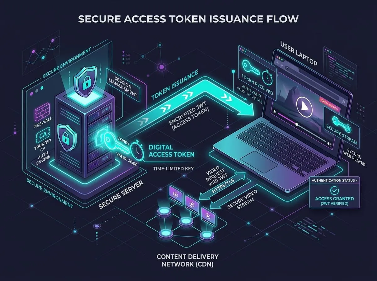 A detailed technical flow diagram illustrating a secure server issuing a time-limited digital access token to a laptop playing a secure video stream