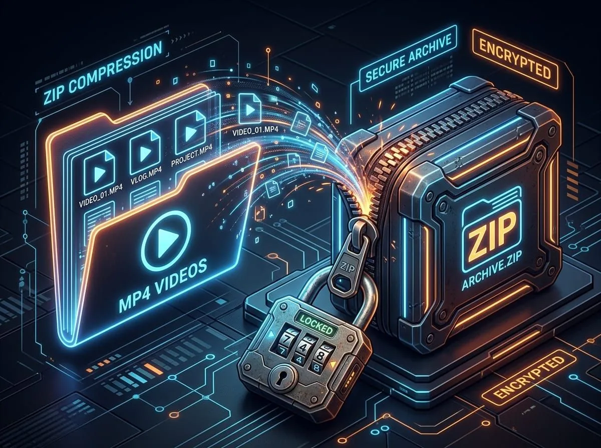 A tech illustration showing MP4 files being securely zipped and encrypted into a folder with a heavy padlock and combination lock