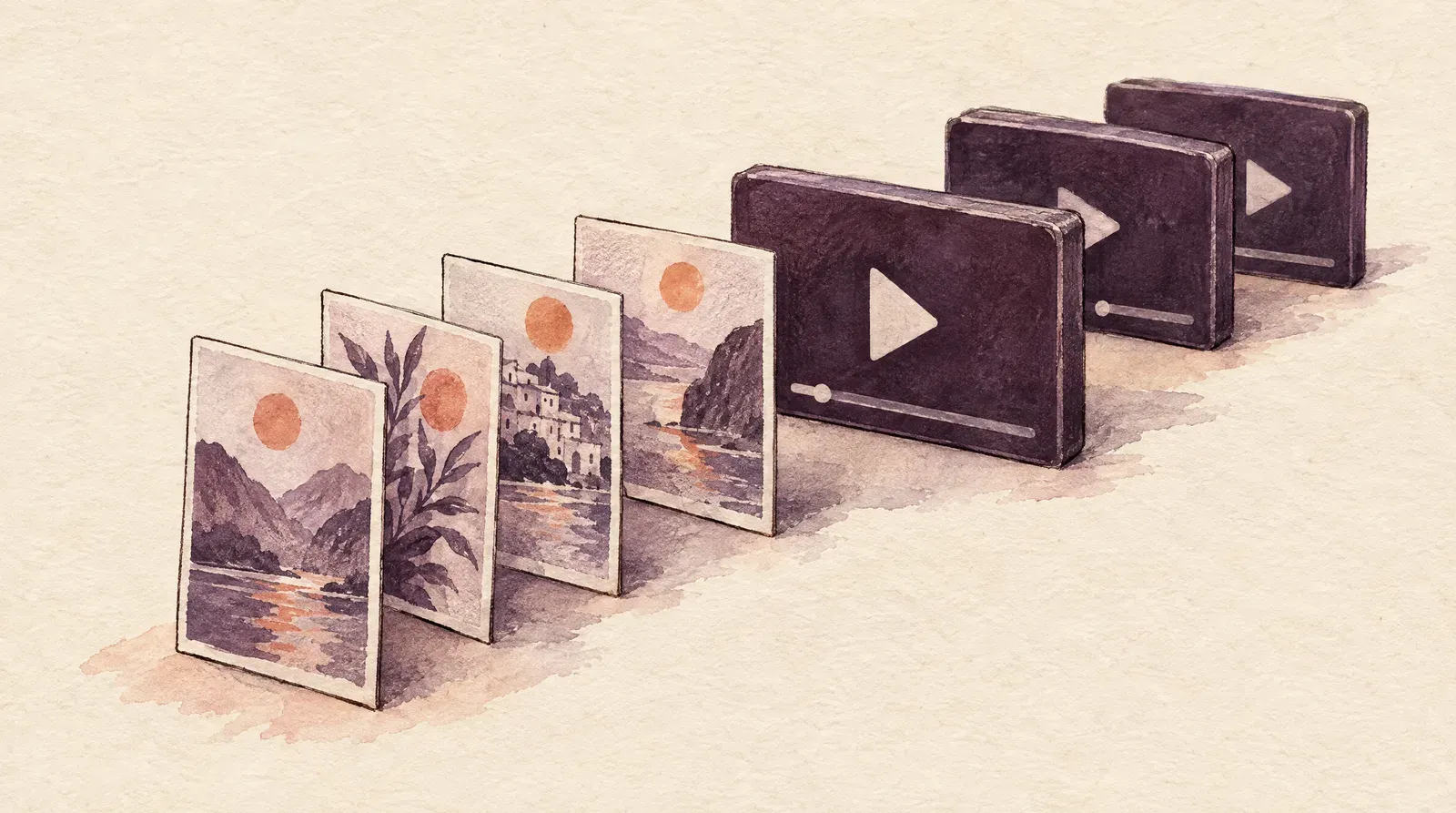 Ink drawing of lightweight video posters queued ahead of deferred players