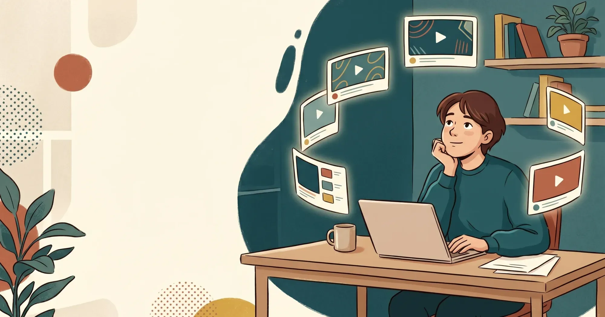 An illustrated content creator at a laptop considering floating video player thumbnails representing different hosting platforms