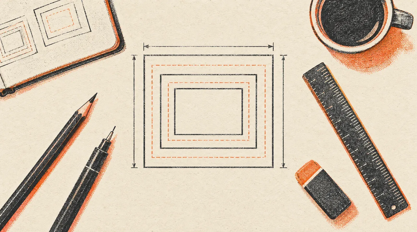 Ink drawing of nested rectangular frames showing responsive container bounds and embed margins
