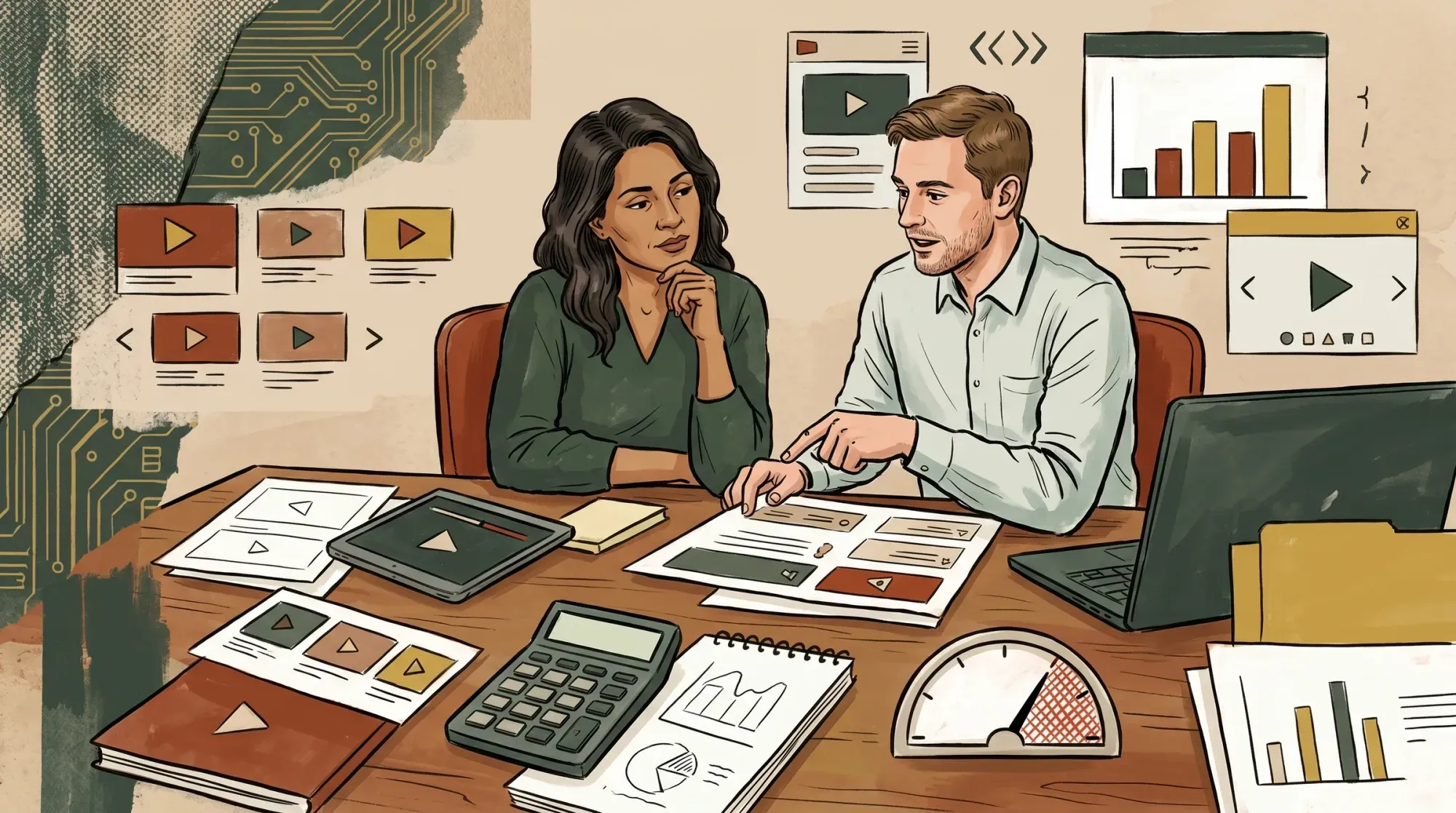 Two colleagues at a desk reviewing video hosting bandwidth costs with a calculator, notebook, scattered papers, and a usage gauge tipping into the warning zone