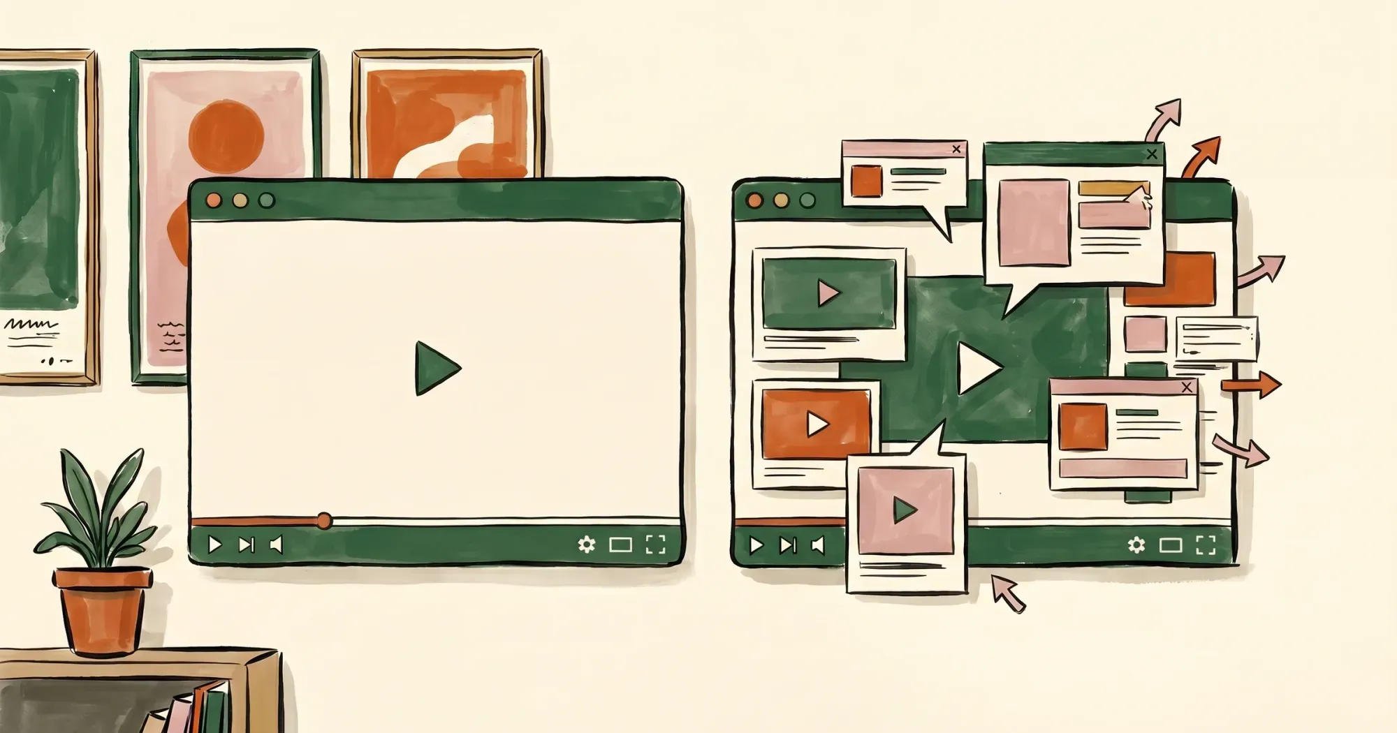 Editorial illustration contrasting a clean video player with a cluttered player surrounded by competing thumbnails and arrows pulling viewers away