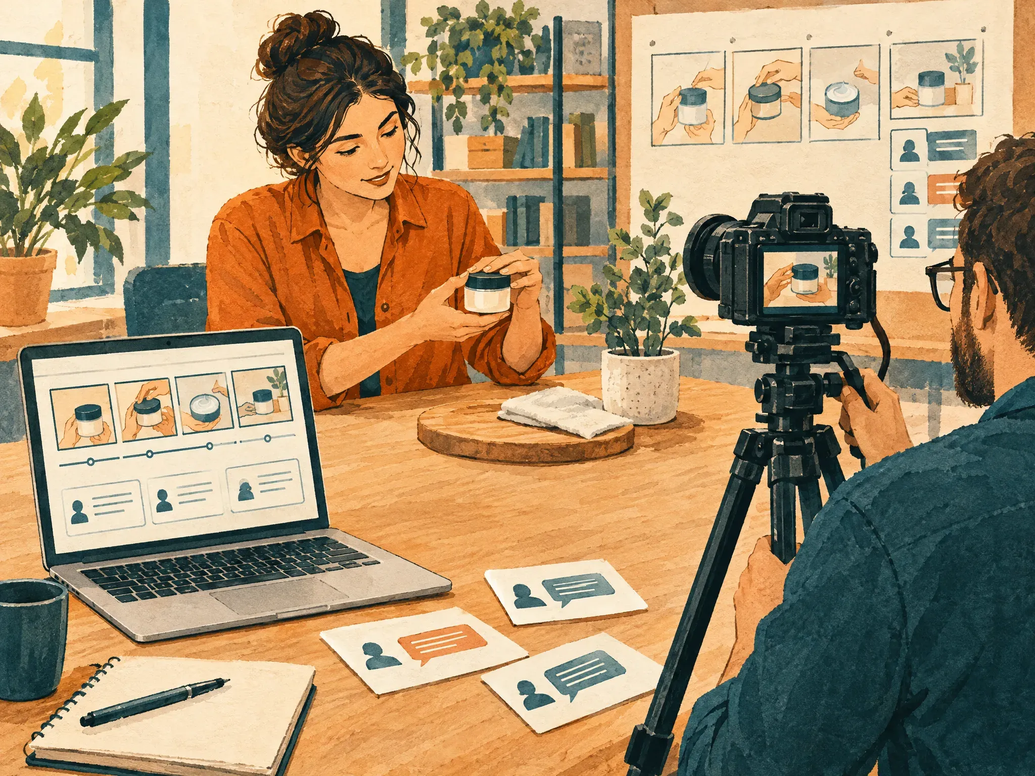 A small marketing team planning a product demonstration with a storyboard and tablet