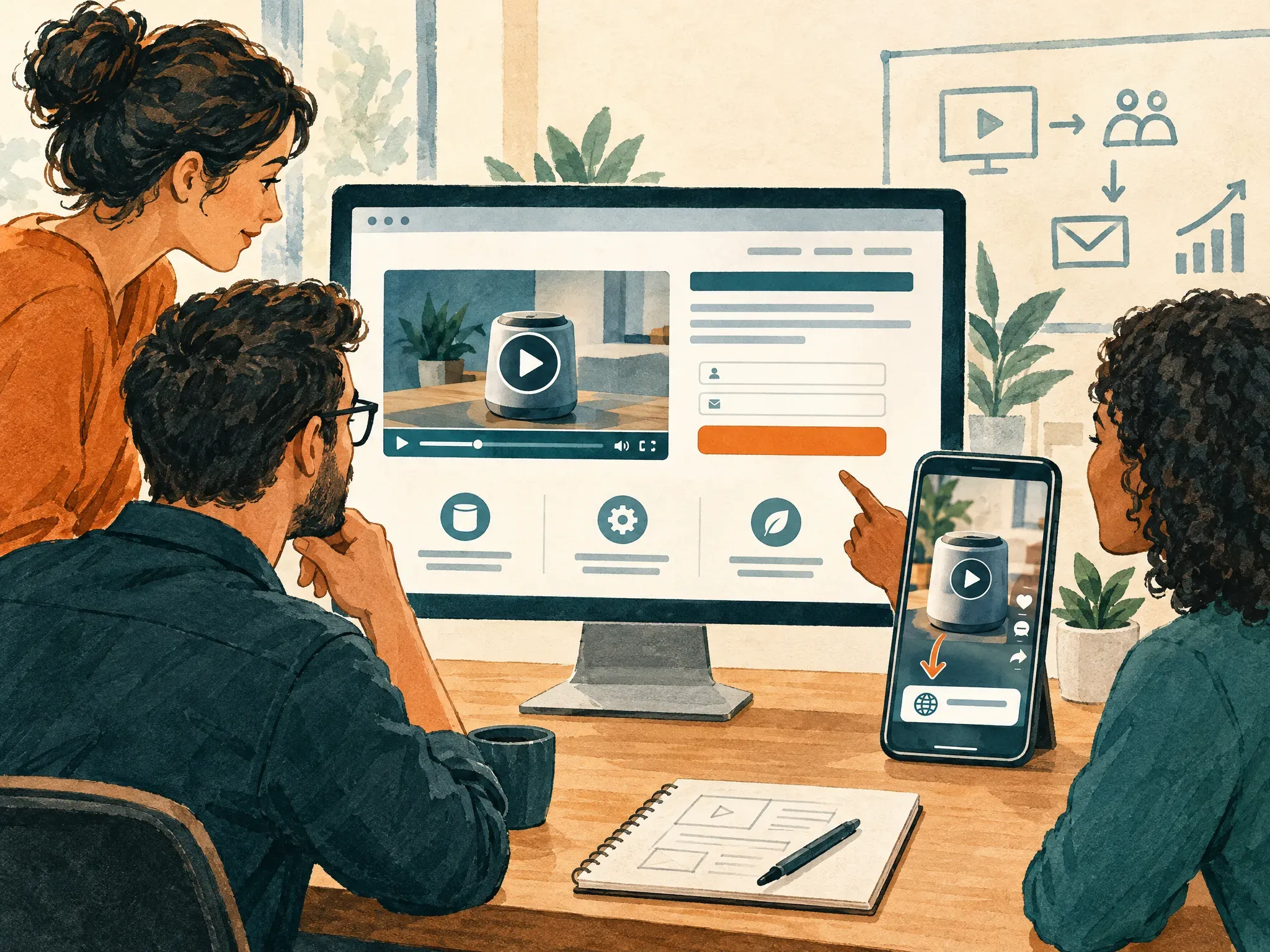 A marketing team reviewing a video landing page and lead form on a monitor and phone