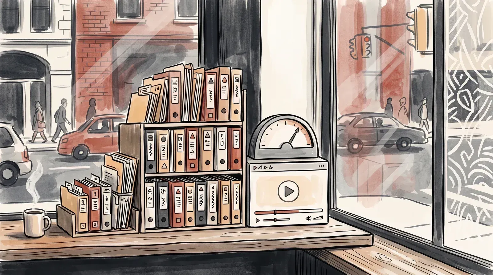 Illustration of a growing shelf of episode files beside a bandwidth meter and a branded website player