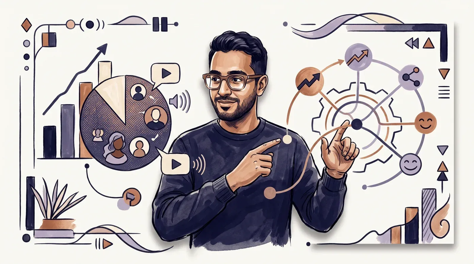 Editorial illustration of a person gesturing between a caption-heavy audience breakdown and a network of engagement metrics, representing how most viewers rely on captions