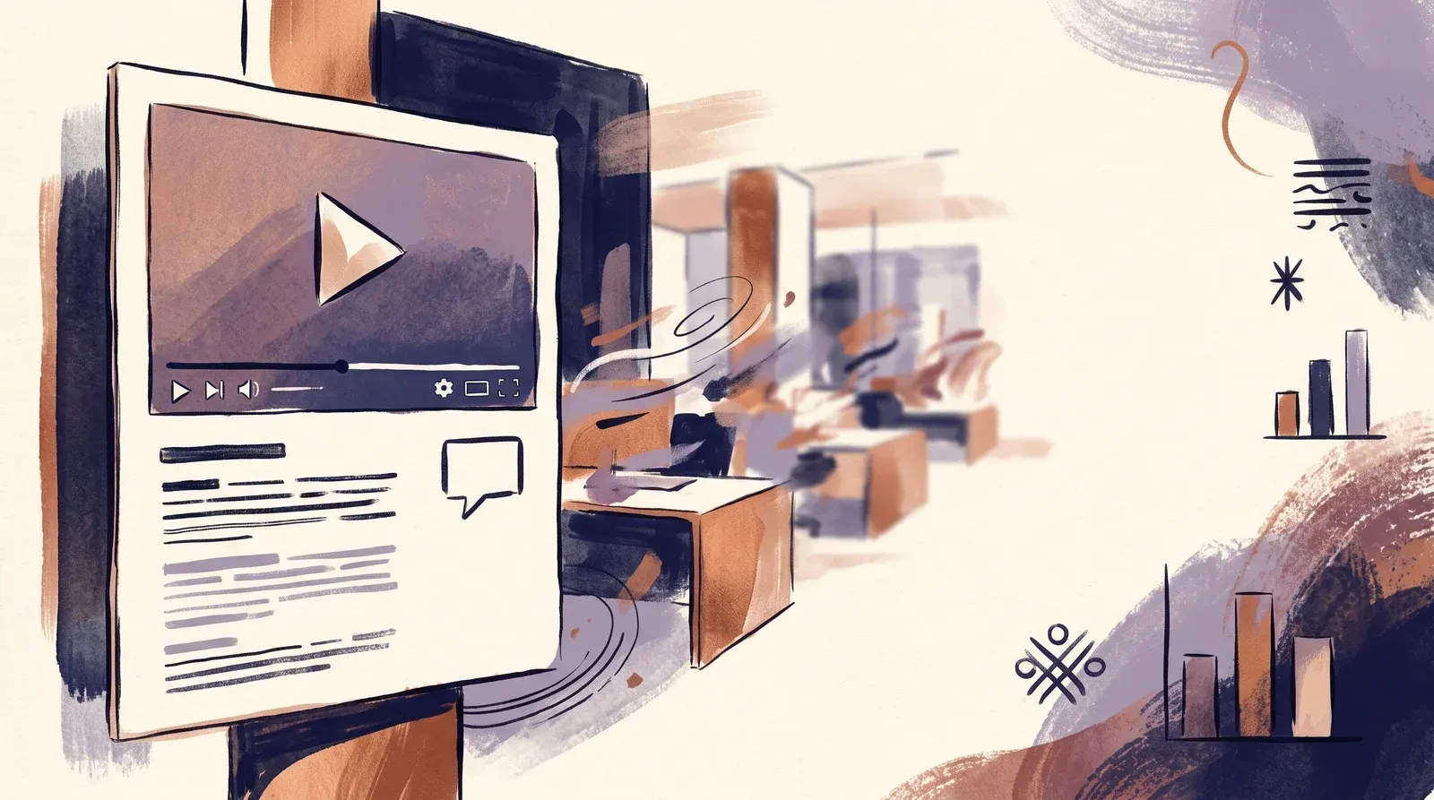 Editorial illustration of a video player interface with a captions toggle and a readable transcript beneath the video, set against a blurred office background
