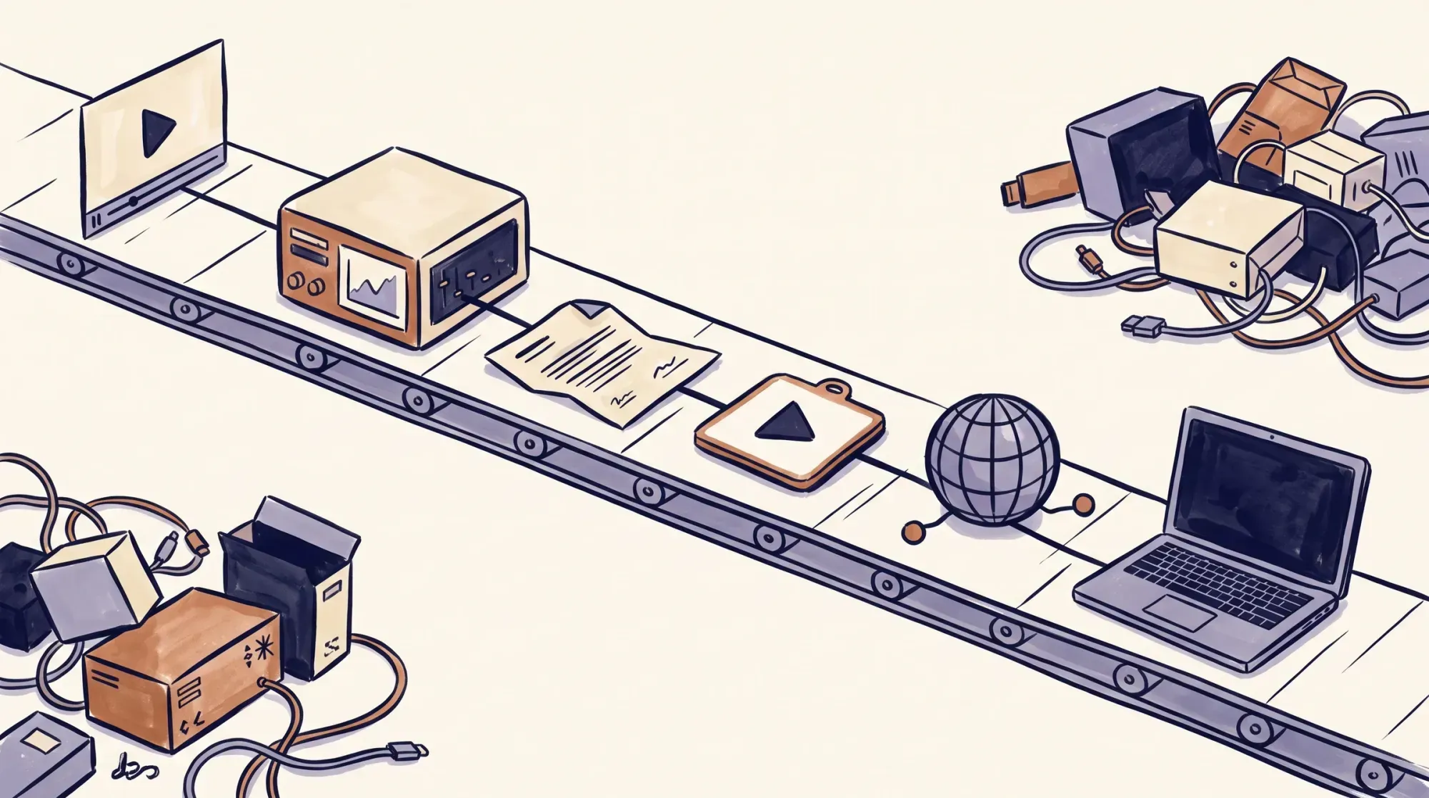 A conveyor belt carrying a video frame, an encoder box, a manifest sheet, a play badge, a globe, and a laptop past two piles of disconnected boxes and cables