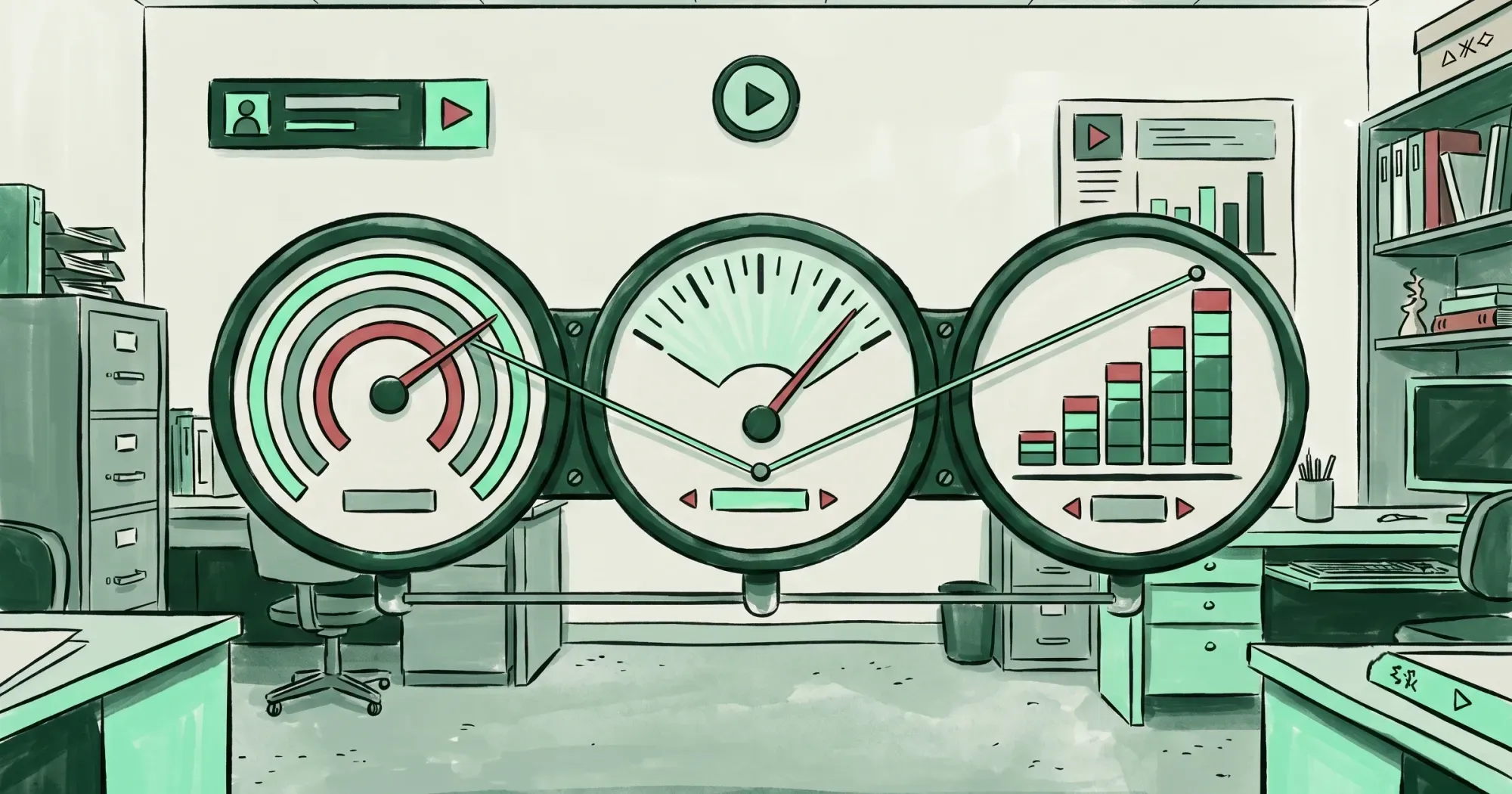 Three illustrated dial gauges showing resolution, frame rate, and bitrate as interconnected settings, painterly editorial illustration