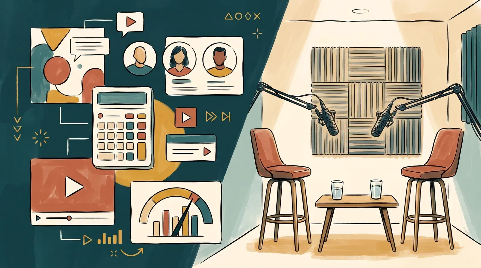 Split-plane illustration of a pricing calculator, three teammate avatars, and a video player against a podcast studio with facing chairs, representing Business plan seats and features