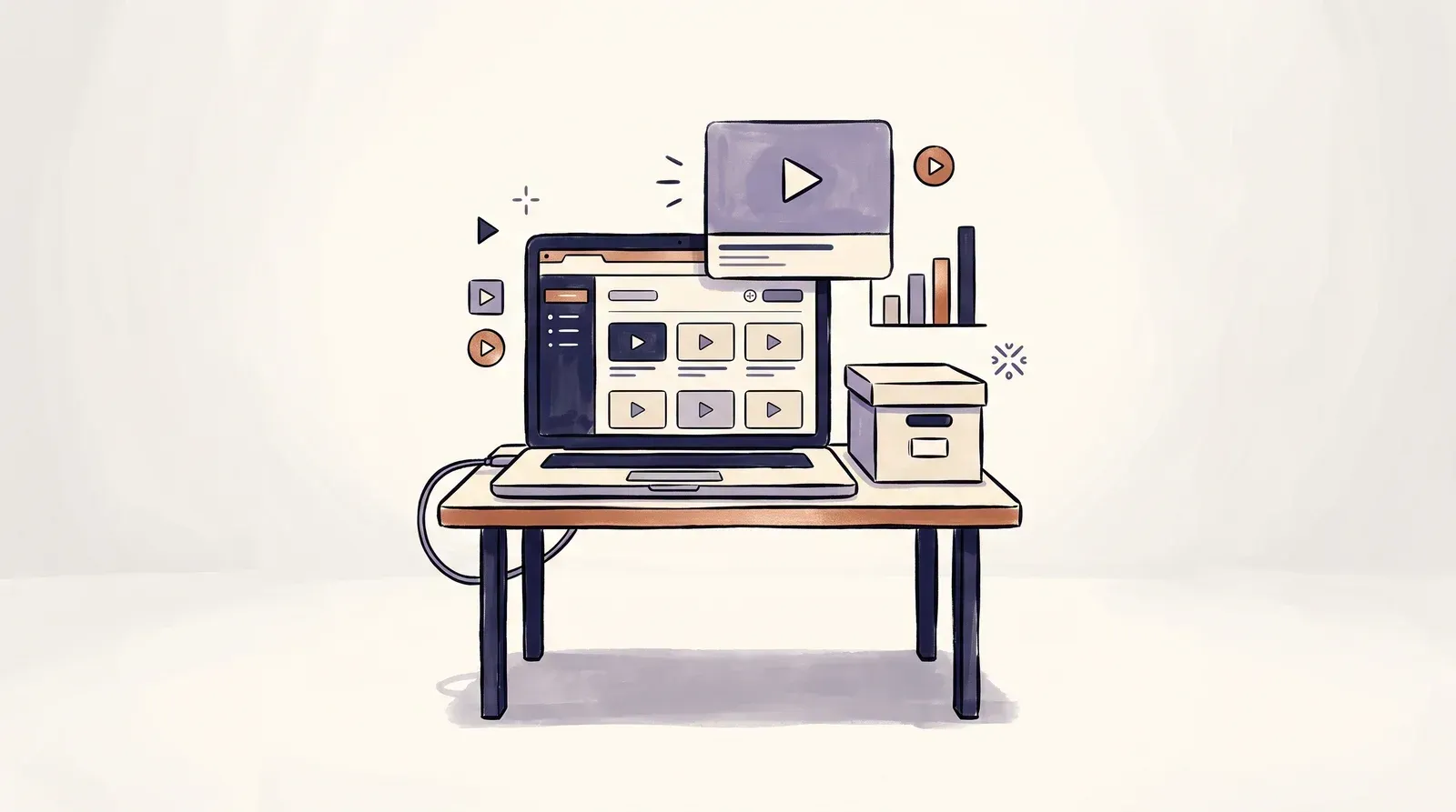 Editorial illustration of a desk with a laptop showing a video library grid, a floating video thumbnail card, and a storage box, representing a compact free-plan video library