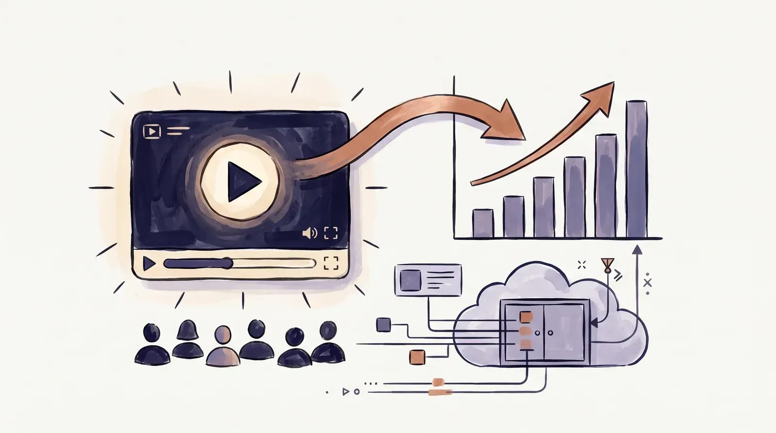 Editorial illustration of a video play button connected by an arrow to a rising bar chart, with viewer silhouettes and a cloud storage cabinet, showing how playback draws down bandwidth