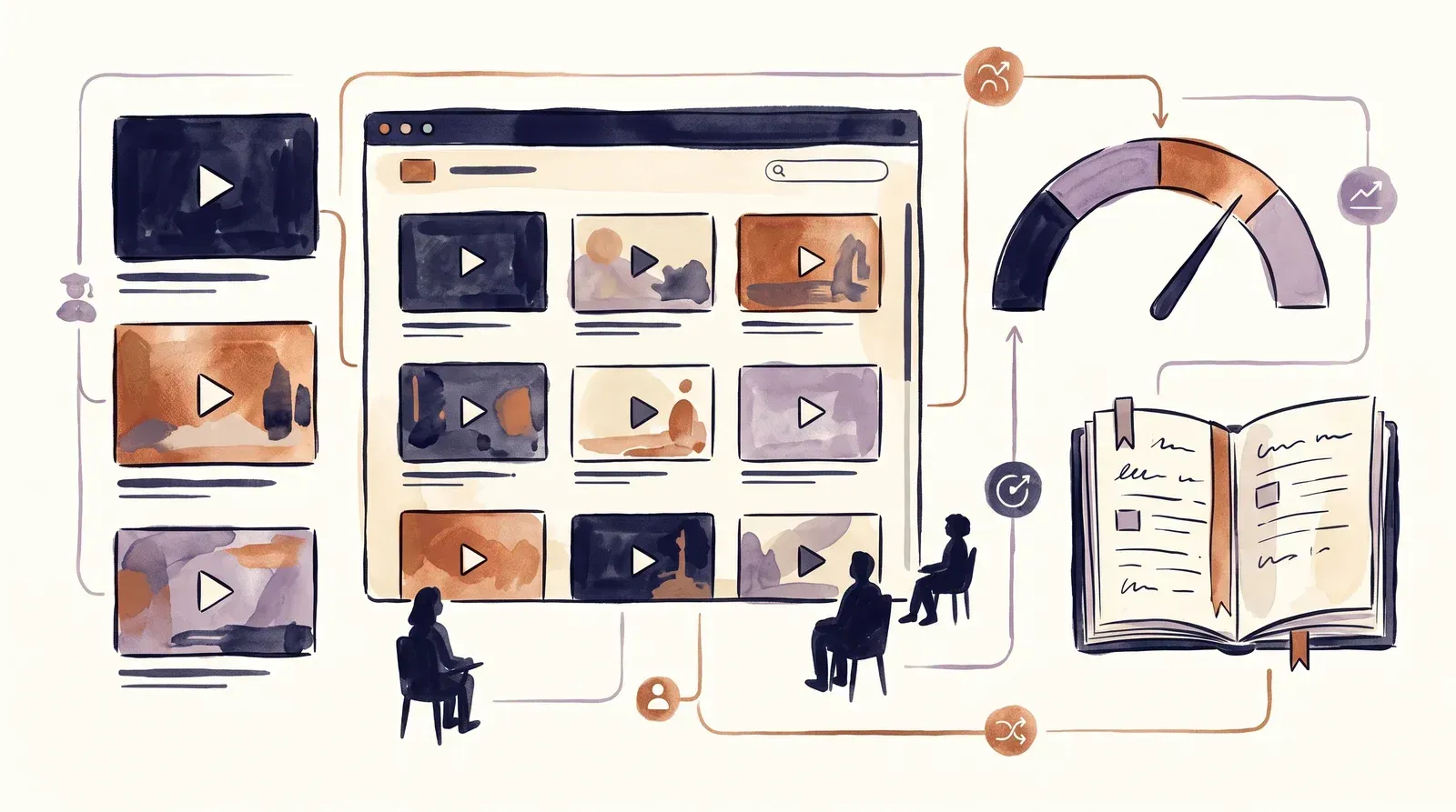 Editorial illustration of a course video library with lesson thumbnails, student silhouettes, a rising usage dial, and an open notebook, showing how repeat viewing pushes usage up