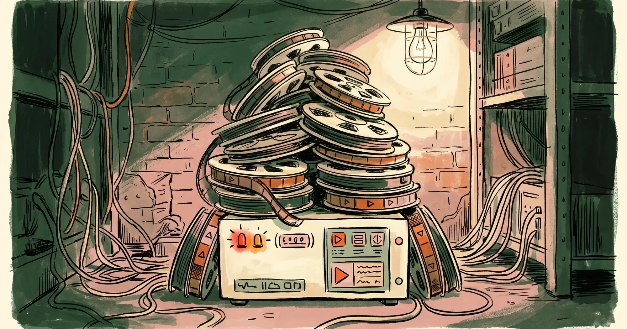 Small web server buckling under a pile of video film reels in a dim server closet