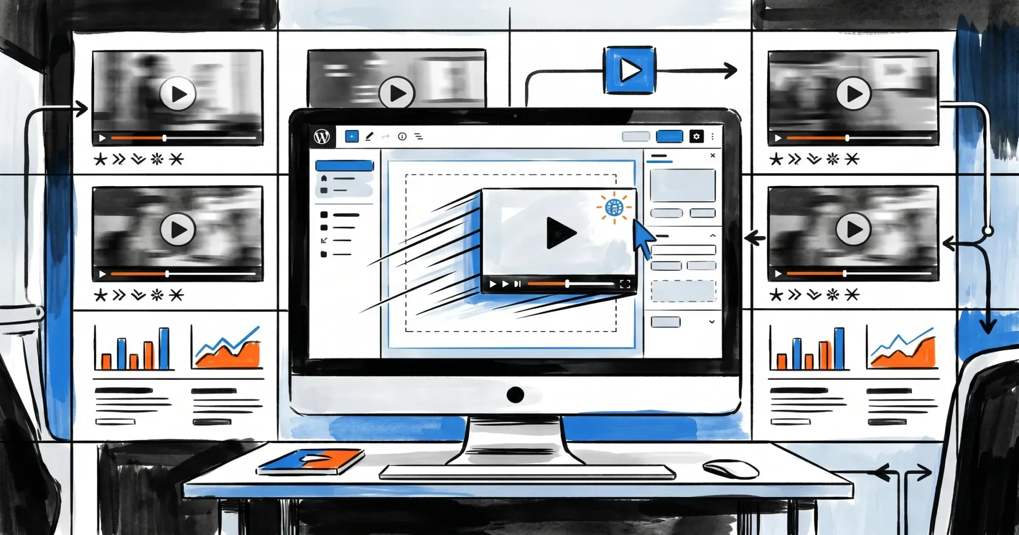 WordPress page builder canvas with a video player widget snapping into place, speed lines and CDN distribution nodes