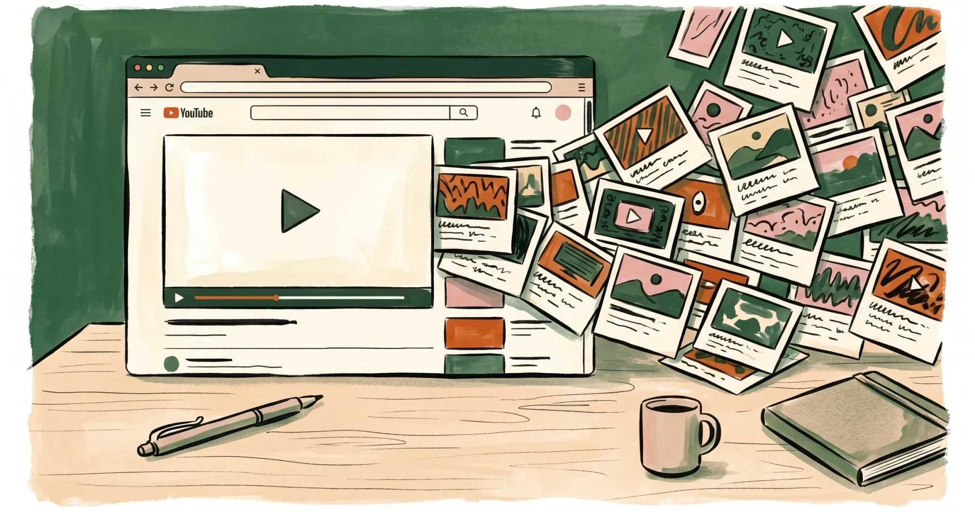 Browser window showing a video player with recommendation thumbnails spilling across the page