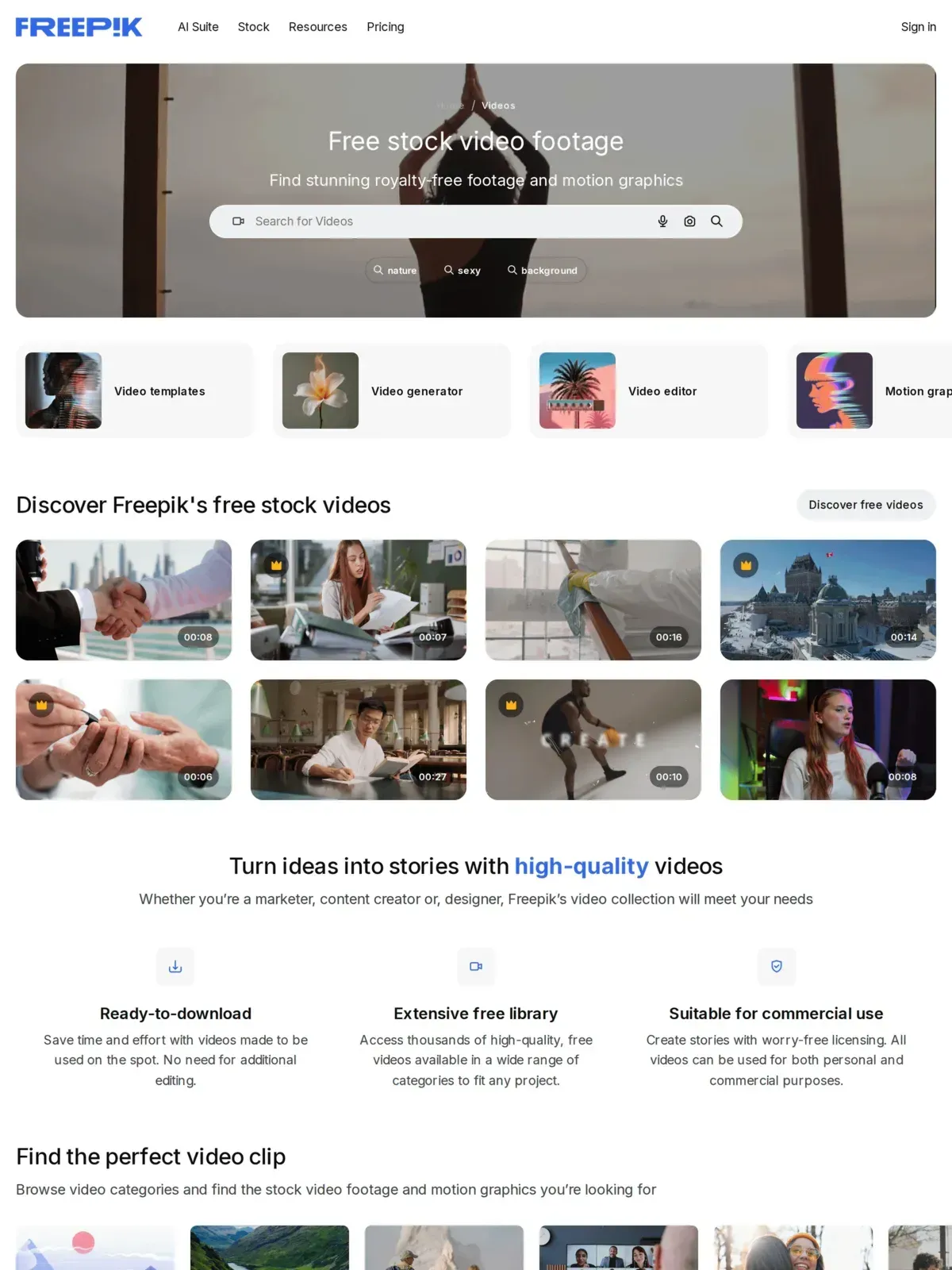 Freepik free stock video homepage