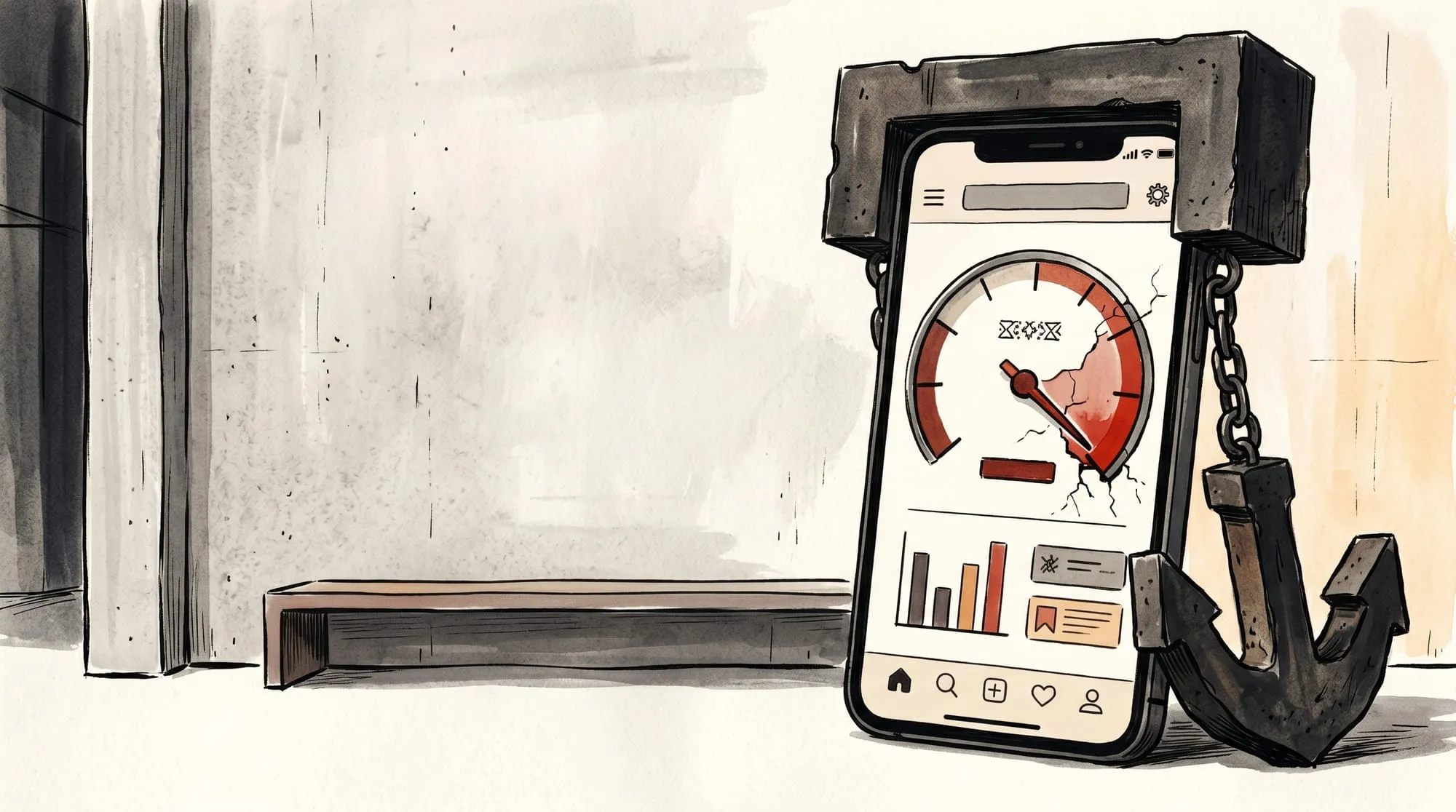 A smartphone showing a crumbling speedometer dragged down by an anchor, illustrating how heavy embeds tank Core Web Vitals