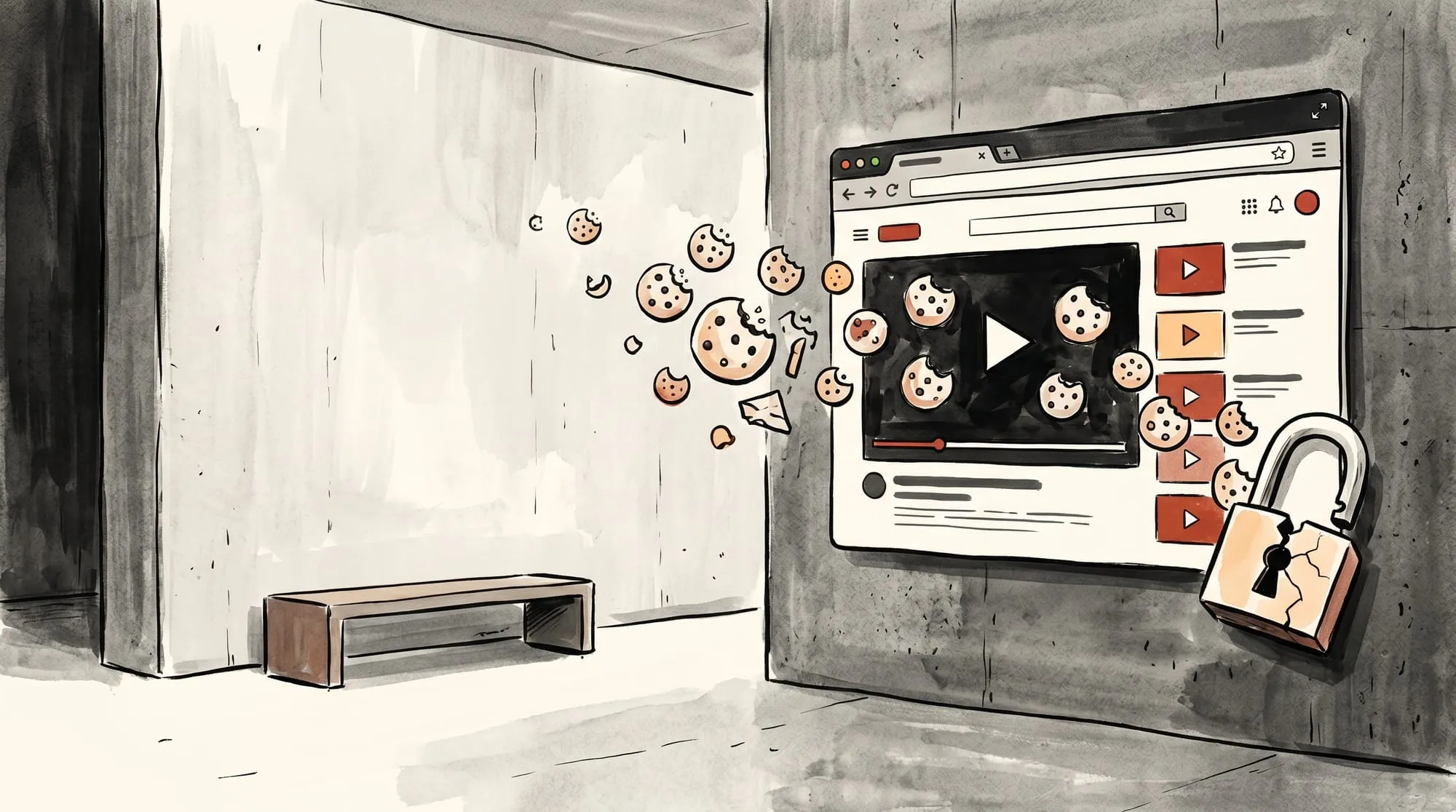 Tracking cookies floating out of a video player embed toward a cracked padlock, illustrating privacy risks of third-party embeds