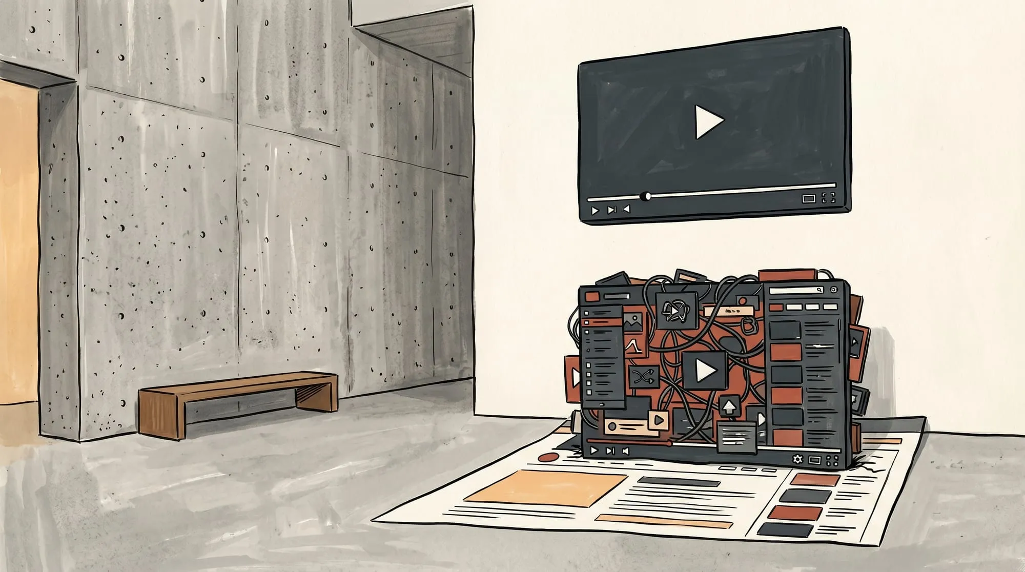 A bloated tangled video player sinking into a webpage while a clean minimal player floats above, showing the difference between heavy and lightweight embeds