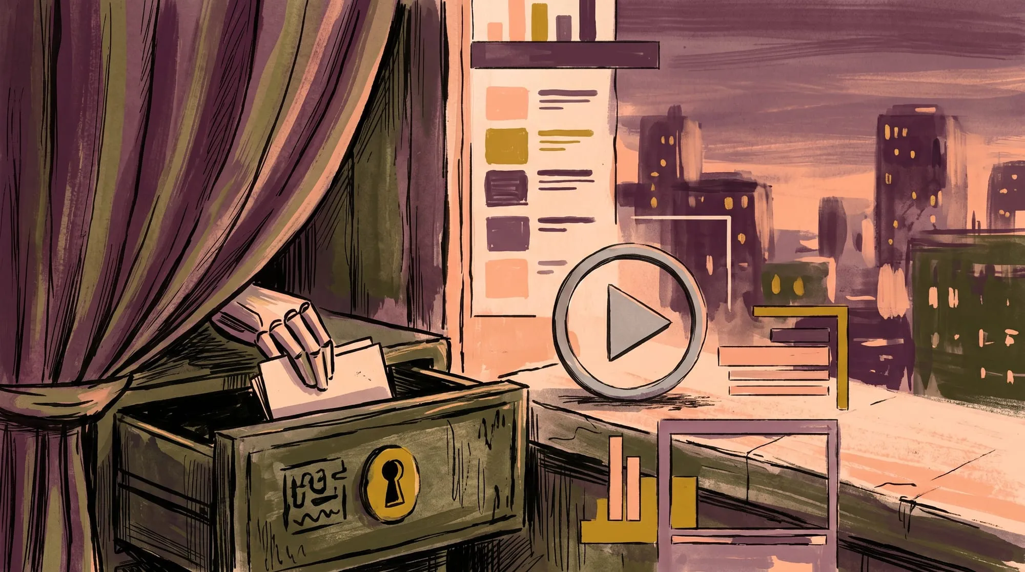 Video player hidden behind a curtain while a file is placed in a drawer before playback