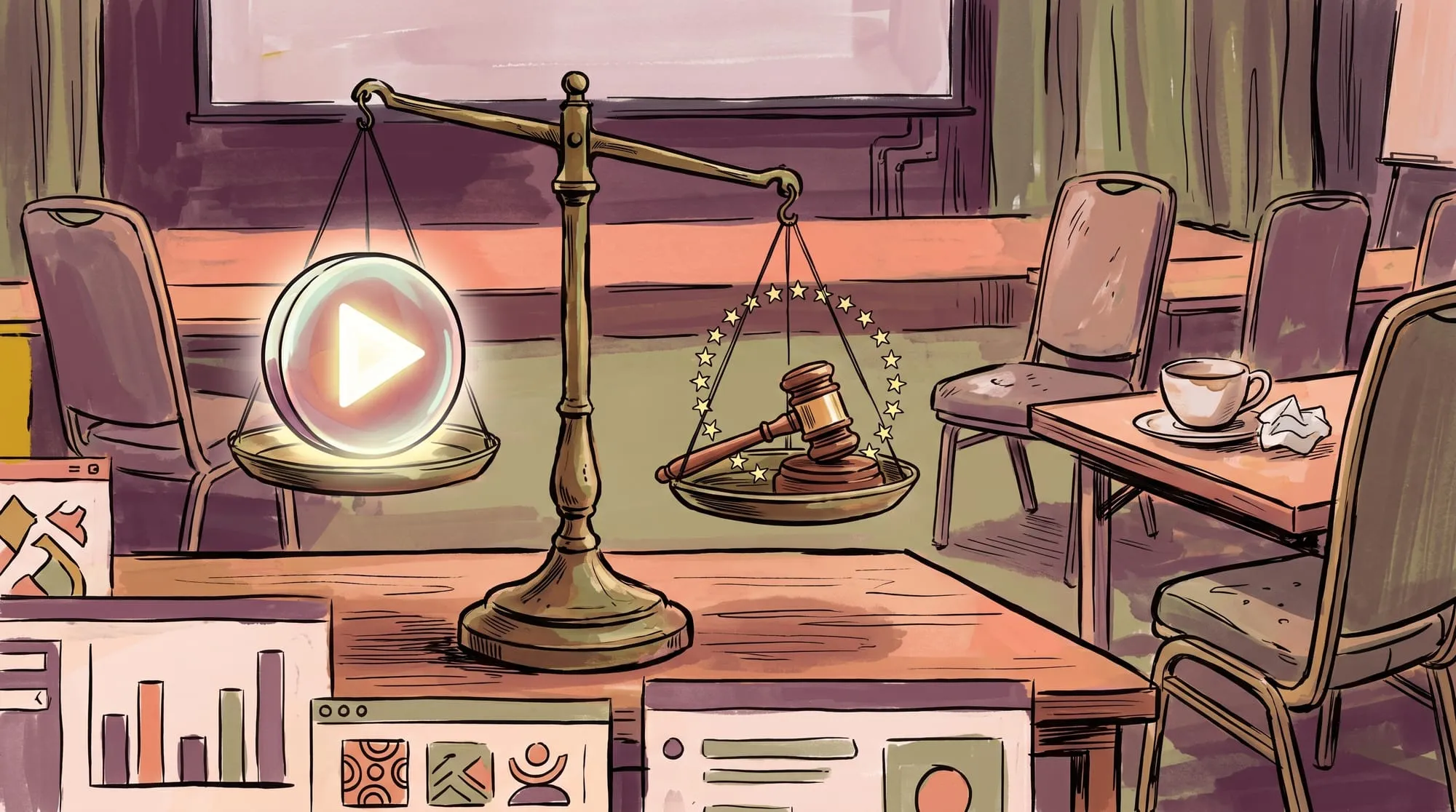 Video play button balanced against a legal gavel on a scale, representing privacy compliance trade-offs