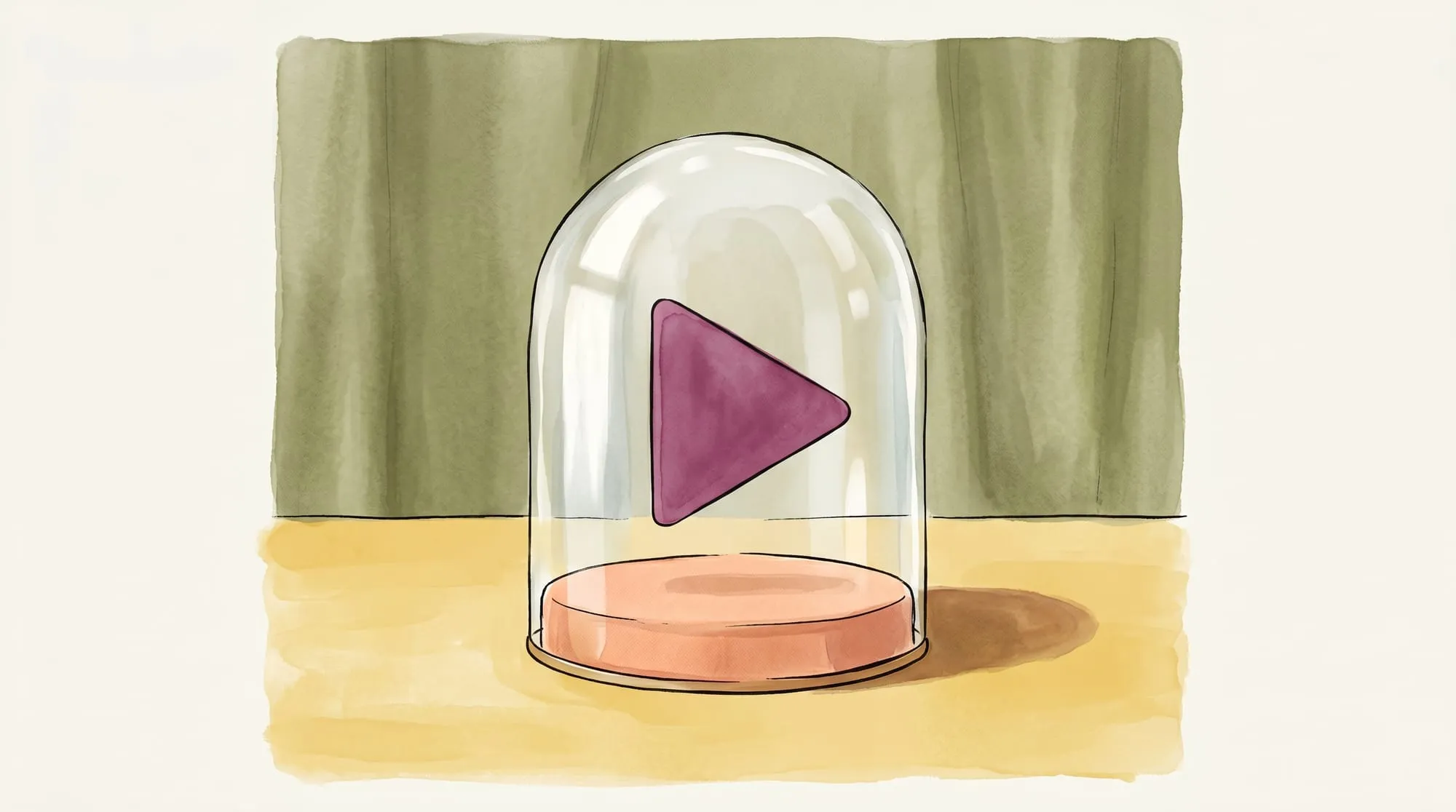 A clean video play button sealed under glass with no cookie crumbs or tracking dots nearby