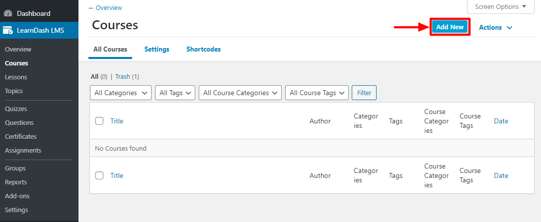 adding a new course in learndash wordpress lms