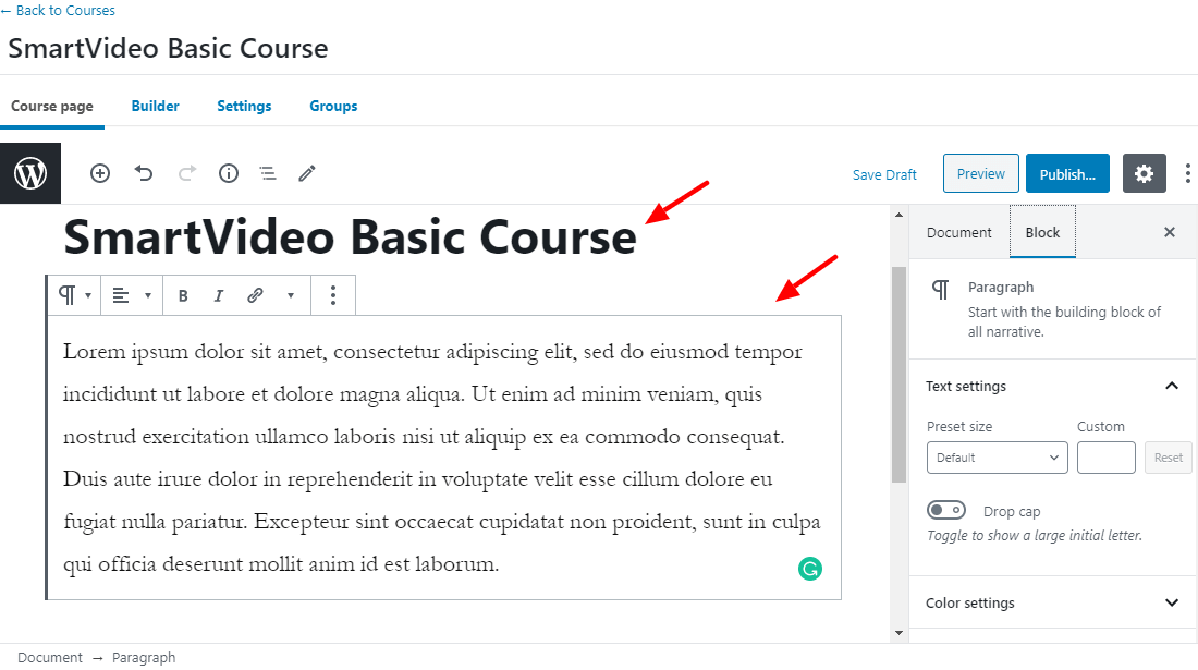 adding new learndash course title and intro text