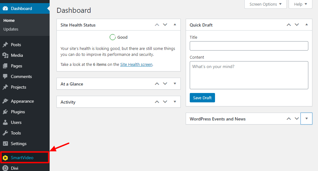 smartvideo menu item in wordpress admin dashboard