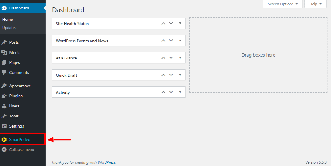WordPress admin dashboard, SmartVideo plugin