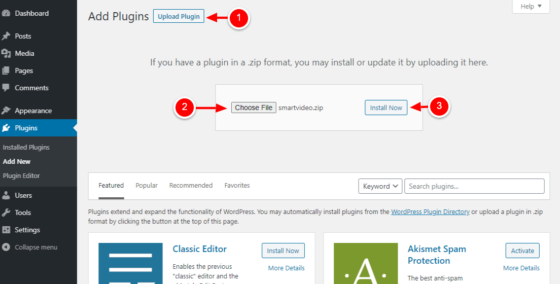 WordPress admin dashboard, install plugin