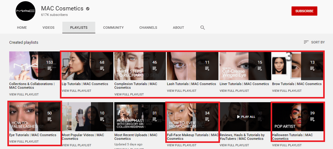 Screenshot of MAC Cosmetics YouTube playlist