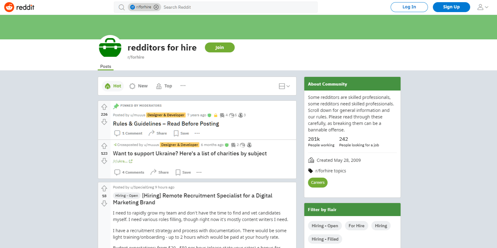 screenshot of redditors for hire subreddit